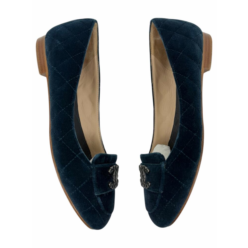 Chanel CC Logo Jeweled Velvet Quilted Slip On Flats Blue Size 39 - Picture 7 of 13
